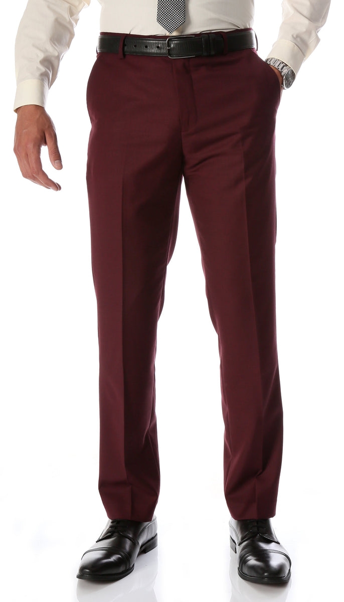 Ferrecci Men's Halo Slim Modern Fit Burgundy Flat-Front
