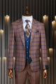 Marco Lorenzo Premium Cognac & Blue Plaid Compose Slim Fit 3pc Suit